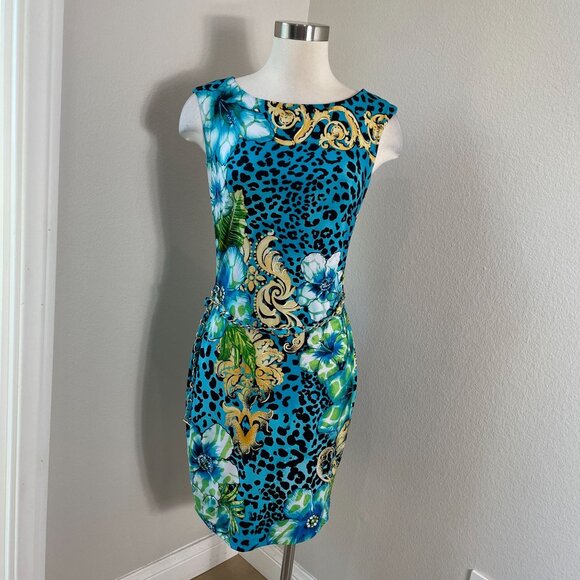 Cache Womens Medium Blue Floral Leopard Print Sleeveless Sheath Dress Chain Belt - Picture 1 of 12